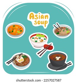 Set of stickers with elements of Asian cuisine on blue background. Soups of the far east. Japanese dishes. Vector illustration.