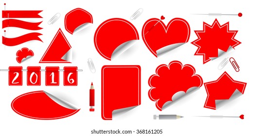  Set of stickers, elements and badges, vector illustration. Red Blank Sticky Paper, clamp ,clip, pencil, pin.