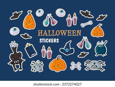 Set of stickers - elements of the Halloween holiday: pumpkins, eyes, bats, book of spells, bones, cauldron and flasks with potion, witch hat, candles, spiders. Vector doodle illustration