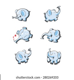 Set of stickers with elephants in different poses and the movements.