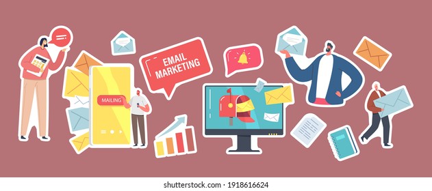 Set of Stickers Email Marketing Theme. Business Characters with Paper Envelopes, Computer Desktop, Ringing Bell and Grow Chart, Smartphone and Letters in Mailbox. Cartoon People Vector Illustration