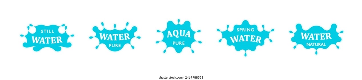 Set of stickers, emblems, labels and logos for water and drinks. Design elements with water splash, dropsand waves. Vector art