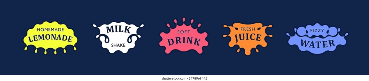 Set of stickers, emblems, labels and logos for different and drinks. Design elements with water splash, dropsand, waves. Vector art