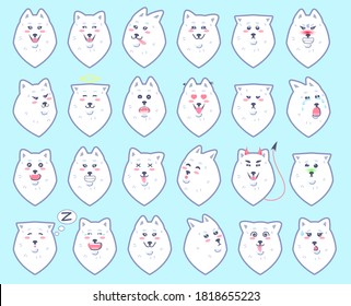 Set of stickers with emotions, Samoyed dog. Various emoticons for social networks with a dog's face. Collection of memes with a dog. White fluffy funny dog. Vector illustration, website design element