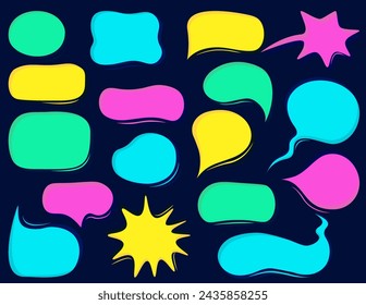 Set of stickers with empty speech bubbles, various shapes, bright colors, hand drawn fonts. Adding texture, Abstract modern vector illustration