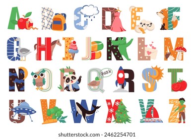 Set of stickers English alphabet in flat cartoon design. This lovely illustration depicts the English alphabet with colorful letters and the corresponding objects next to them. Vector illustration.