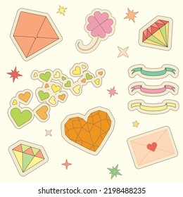 set of stickers with envelopes hearts and diamonds. Postcards, envelopes, kraft paper letters and envelopes, cute envelopes vector illustration set. Love messages with stickers