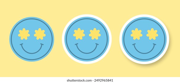 A set of stickers with face floral eyes on a yellow background. Stickers with a smiley face and a shadow. Cartoon retro style. Vector illustration.