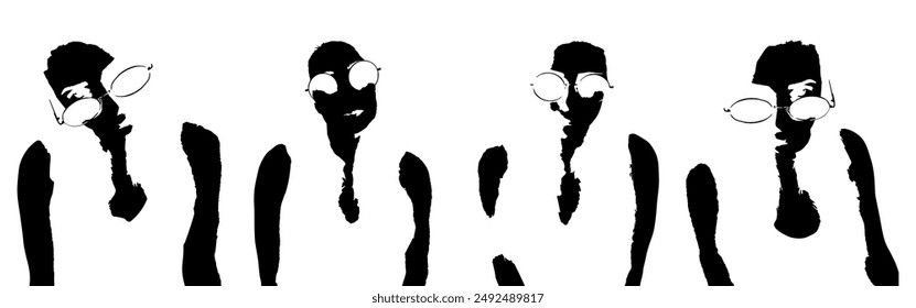 A set of stickers with a face in glasses. Symbols with different emotions. Poses of faces, hands. Torso. Halftone silhouettes. Halloween. Icons for messages, atmosphere, website, avatar. Vector