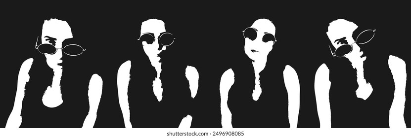 Un conjunto de pegatinas con una cara en gafas. Símbolos con diferentes emociones. Poses de caras, manos. Torso. Siluetas de semitono. Halloween. Iconos para mensajes, atmósfera, Sitio web, avatar. Vector	