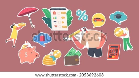 Set of Stickers Family Budget Planning Concept. People Earn and Save Money for Purchases, Tiny Male Female Characters Collect Coins into Huge Piggy Bank. Capital, Wealth. Cartoon Vector Illustration