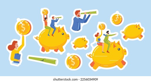 Set of Stickers Family Cash Savings, Budget Planning. People Riding Piggy Bank. Woman with Papers and Man with Spyglass Cartoon Characters Financial Growth Patches. Vector Illustration