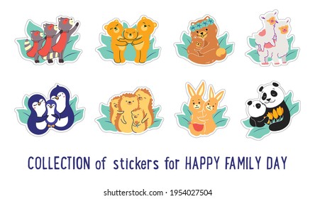 The set of stickers Family characters. The cartoonish animals mother, father, baby are hugging. Collection of vector illustrations for International family day designs.  