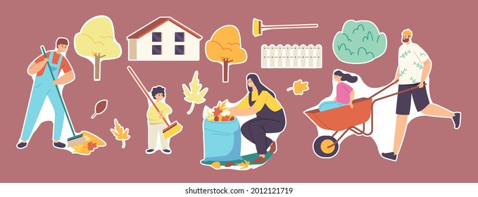 Set of Stickers Family Characters Cleaning Backyard, Collecting Fallen Autumn Leaves, Raking Garbage. Weekend Yardwork Cleanup, Riding Wheelbarrow near Cottage. Cartoon People Vector Illustration