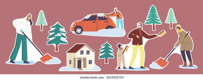 Set of Stickers Family Parents and Kids Shoveling Snow, House Front Yard with Snowdrifts, People with Shovels and Brushes, Cleaning Road and Car after Snowfall at Winter. Cartoon Vector Illustration