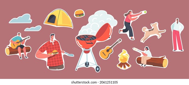 Familia Stickers en el Campamento de Verano. Jóvenes personajes de turismo activo en vacaciones. Los niños se relajan cerca de Fogata, Tienda, Máquina Bbq, Niño Tocando Guitarra, Cocina De Papá. Ilustración de vectores de personas de caricatura