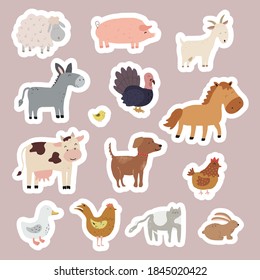 Set of stickers with farm animals. Collection of funny pets and different stylized domestic animals. Vector illustration for children. Zoo.