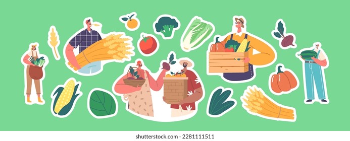 Set Of Stickers Farmers With Crops. Male And Female Rancher Characters With Fresh Agricultural Produce Isolated Patches