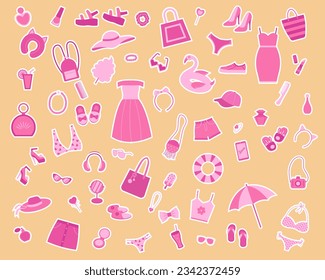 A set of stickers of fashion items and accessories for girls in pink.