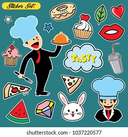 Set of stickers, Fashion patch badges with lips, hearts, chef, daimond and other elements. Vector illustration 