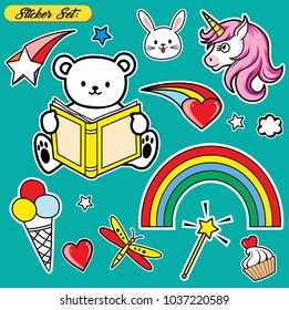 Set of stickers, Fashion patch badges with unicorn, hearts, bear, rainbow and other elements. Vector illustration 