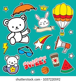 Set of stickers, Fashion patch badges with star, balloon, bear, rabbit and other elements. Vector illustration 