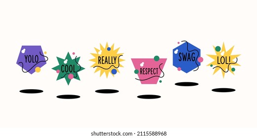 A set of stickers with fashionable words. Geometric shapes and compositions of them. Compositions of simple shapes.