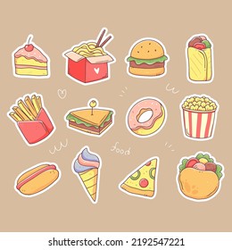 A Set Of Stickers With Fast Food. Junk Food In Doodle Style. Vector Isolated Clipart Illustration.