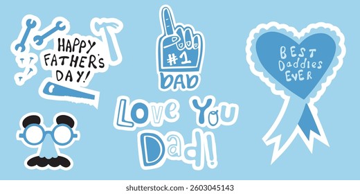 Set of stickers for Father's Day in blue with tools, symbols and greetings. Suitable for cards, design and decoration of the holiday.