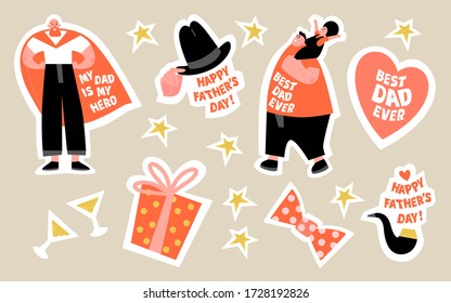 A set of stickers for Father's Day with funny cartoon characters of dad superheroes, hat, smoking pipe and other men's accessories. Flat style illustrations