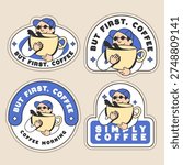 Set of stickers featuring a cartoon man enjoying coffee