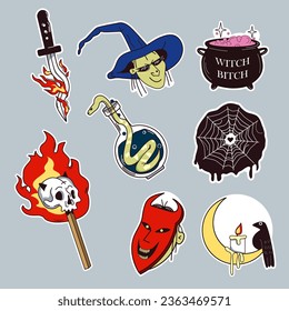 A set of stickers featuring a Halloween image. Hand drawn illustration. Isolated sticker set on gray background. Set of stickers, patches, pins, icons in cartoon style. Halloween vector images