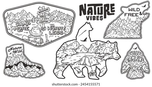 Set of stickers featuring mountains, camping scenes, encouraging nature-related mottos, and wildlife in a vintage frame style for outdoor enthusiasts and nature.