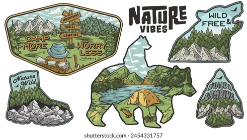 Set of stickers featuring mountains, camping scenes, encouraging nature-related mottos, and wildlife in a vintage frame style for outdoor enthusiasts and nature.