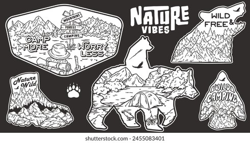 Conjunto de adesivos com montanhas, cenas de acampamento, encorajando lemas relacionados à natureza e vida selvagem em um estilo vintage para entusiastas ao ar livre e natureza.
