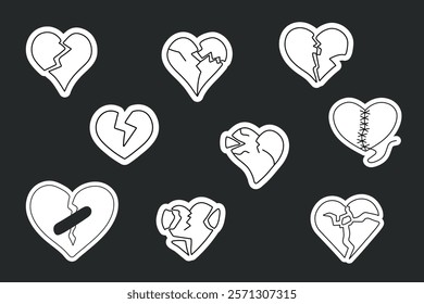 Set of stickers featuring a one line drawing of a broken heart symbol