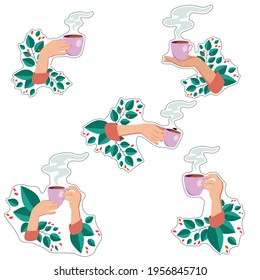 Set of stickers of female hands with a cup of coffee or tea with green leaves. Tea-coffee-break in the cafe. Friendly support in difficult times, conversation of women s coffee houses