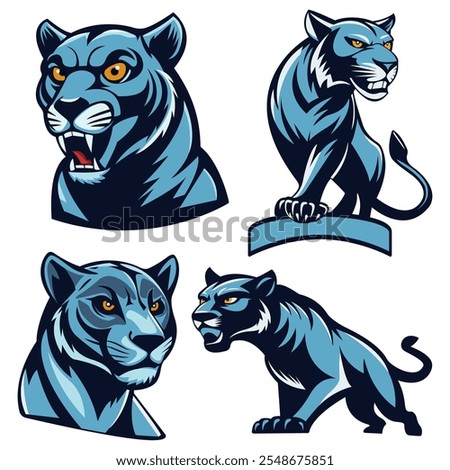 A set of stickers with ferocious panthers. A template for the design of a print of clothes and souvenirs. Vector illustration. The logo is made in a flat style. 