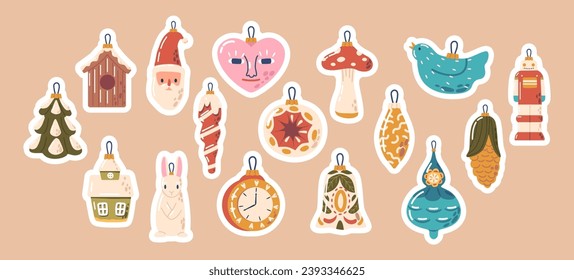 Set of Stickers Festive Toys for Christmas Tree. Baubles, Lights, Heart and Clock, Icicles, Mushroom and Santa Trinkets