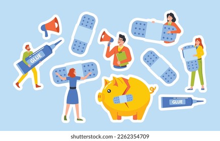 Set of Stickers Financial Problems Theme. Business Characters with Patches and Glue Fixing Broken Piggy Bank. Group Of People Repair Moneybox, Man with Loudspeaker. Cartoon Vector Illustration