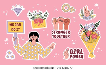 Juego de stickers con puños arriba y lemas de feminismo. Fuertes derechos de la mujer. Símbolos del movimiento feminista vectorial. Poder femenino, empoderamiento femenino. Trazo editable. Día de la Mujer. Ramos de flores dibujados a mano.