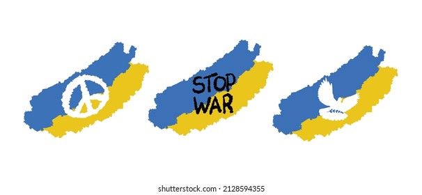A set of stickers with the Flag of Ukraine with the dove of peace, with the inscription stop war, with the sign of peace to the world