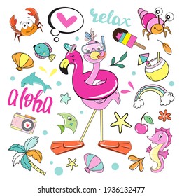 Set of stickers with flamingos and swimming mask and sea inhabitants. Vector illustration of isolated cartoon animals