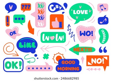 Set of stickers in flat cartoon design. The collection depicts a set of stickers made in bright colors and in a youthful, modern style. Vector illustration.