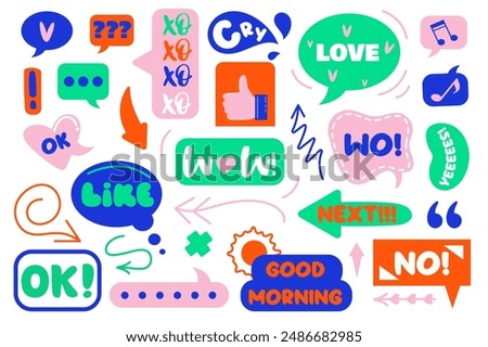 Set of stickers in flat cartoon design. The collection depicts a set of stickers made in bright colors and in a youthful, modern style. Vector illustration.