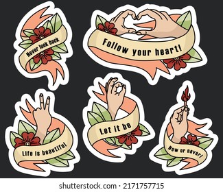 Set of stickers in a flat style. Stickers depicting hands in different poses, plants and ribbons with inscriptions. The set is placed on a black background.	