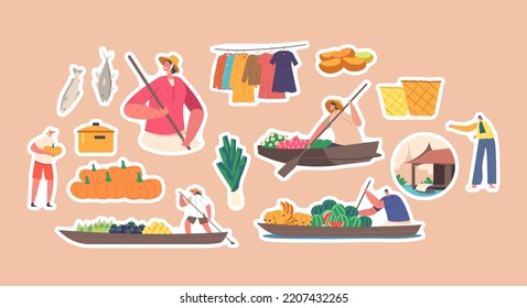 Set of Stickers Floating Market in Thailand. Saleswoman Character Wear Straw Hat on Boat with Paddle. People Sell and Buy Goods, Traditional Trading in Asian Country. Cartoon Vector Patches