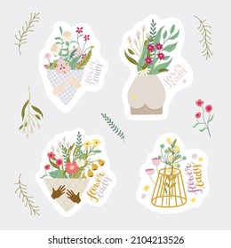 Set of stickers for flower ladies - flower bouquets in paper and in vases. With brush calligraphy. Hand drawn flat illustrations. Vector.