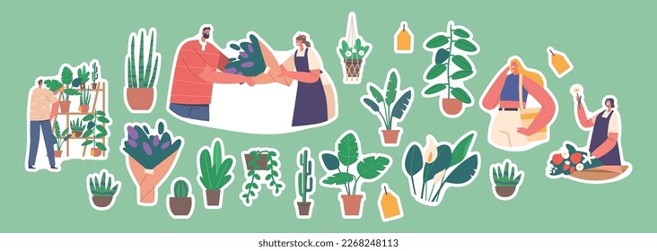 Set of Stickers Flower Shop Staff and Customers Choose and Buy Bouquets, Florist Women Sell Plants, Making Design Compositions, Floristic Store with People and Houseplants. Cartoon Vector Illustration