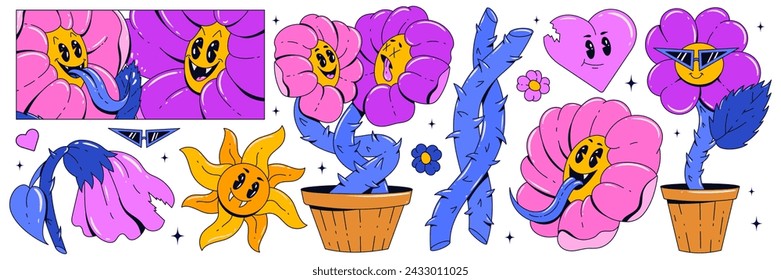 Set of stickers with flowers in trendy retro groovy style. Psychedelic weird characters. Flowers, sun, thorns, sunglasses. Vector illustration.